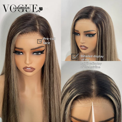 Highlight Brown Blonde 100% Human Hair Wig  for Women Synthetic Dark Brown Highlight Wig  Natural Straight for Daily Party Use