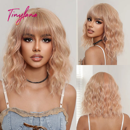 Short Bob Gray Purple Synthetic Wigs with Bangs Curly Cosplay Purple Ombre Wig for Women Afro Natural Wave Hair Heat Resistant