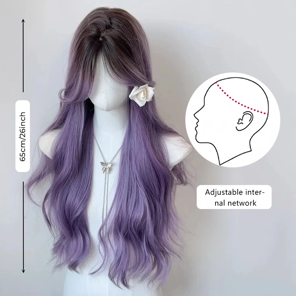 Long Wavy Wave Ombre Black Brown Purple Cosplay Wigs Heat Resistant Synthetic Wigs Middle Part Natural Lolita Wigs For Women