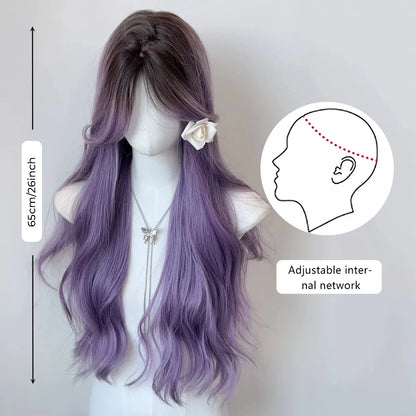 Long Wavy Wave Ombre Black Brown Purple Cosplay Wigs Heat Resistant Synthetic Wigs Middle Part Natural Lolita Wigs For Women