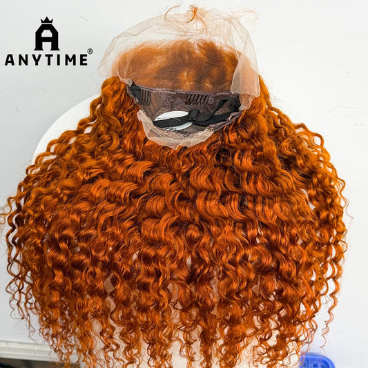 22 inches Water Wave Wavy Curly Human Hair 200% Density 13x4 Transparent Lace Front Human Hair Wig Ginger 350 Orange Color