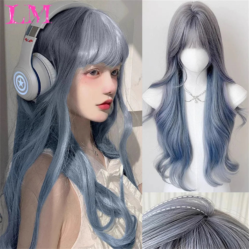LM Synthetic Long Straight Lolita Wig with Bangs Wig Girl Cute Ombre Pink Blonde Black Cosplay Party Halloween Harajuku Wig