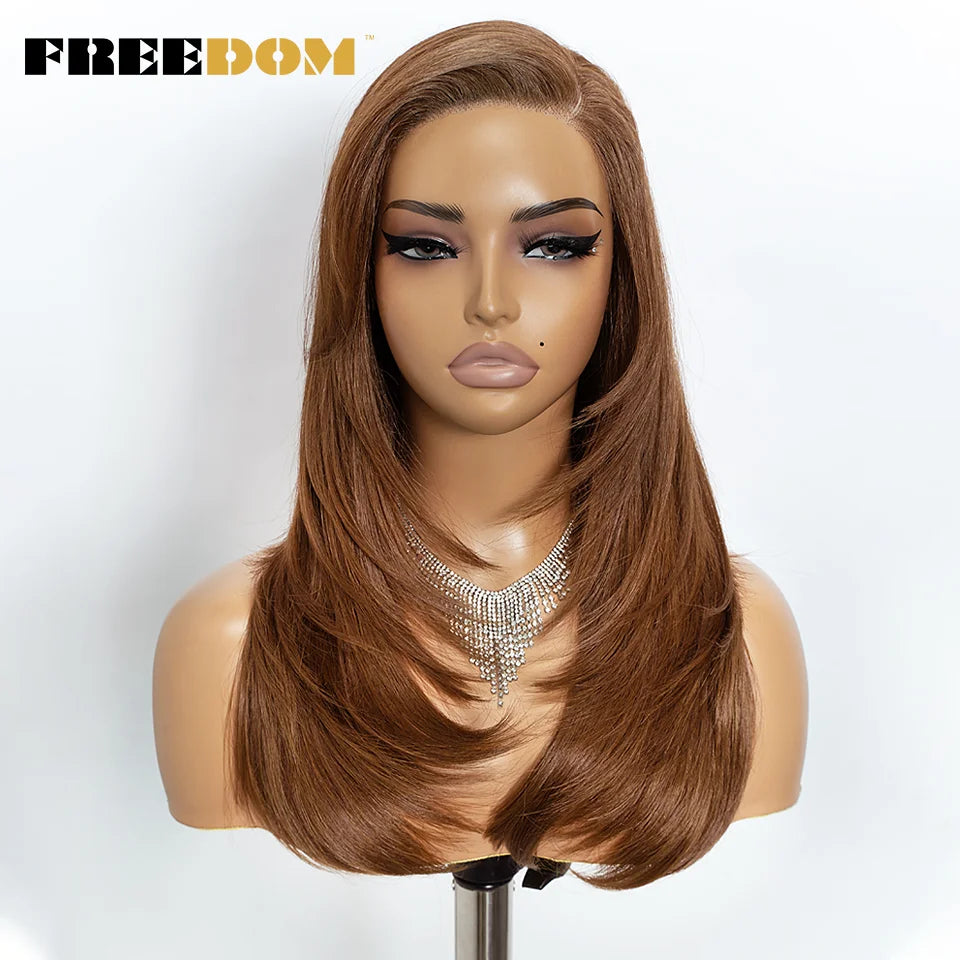 FREEDOM Synthetic Lace Wigs For Women Straight Layered Lace Wig 18 Inch Side Part Pre Plucked Ombre Brown Blonde Cosplay Wigs