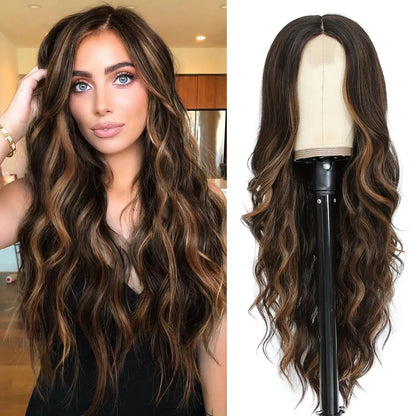 Synthetic Long Lace Ombre Blonde Wavy Wig for Women 26 Inch Middle Part Curly Natural Looking Heat Resistant Fiber for Daily