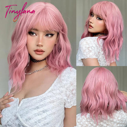 Short Bob Gray Purple Synthetic Wigs with Bangs Curly Cosplay Purple Ombre Wig for Women Afro Natural Wave Hair Heat Resistant