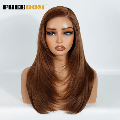 FREEDOM Synthetic Lace Wigs For Women Straight Layered Lace Wig 18 Inch Side Part Pre Plucked Ombre Brown Blonde Cosplay Wigs