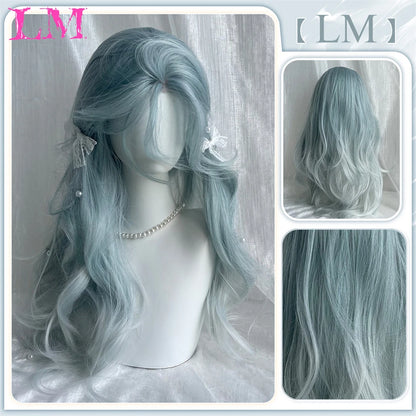 LM Synthetic Long Straight Lolita Wig with Bangs Wig Girl Cute Ombre Pink Blonde Black Cosplay Party Halloween Harajuku Wig