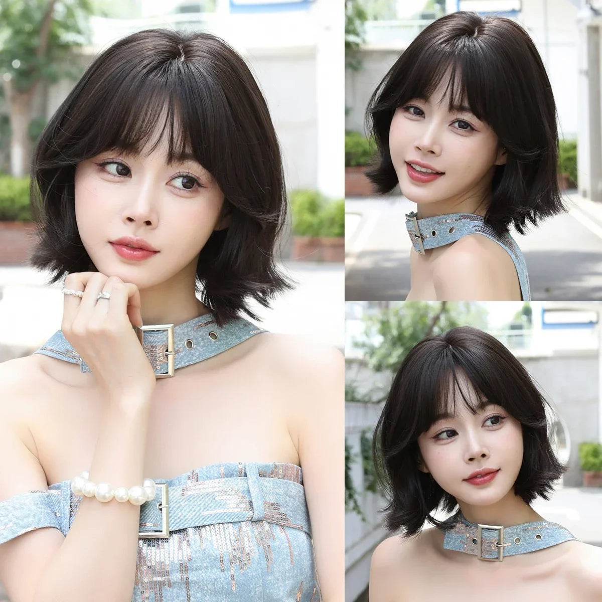 NAMM High Density Synthetic Middle Part Blonde White Wig For Women Daily Short Wavy Bob Wigs With Curtain Bangs Glueless Wig