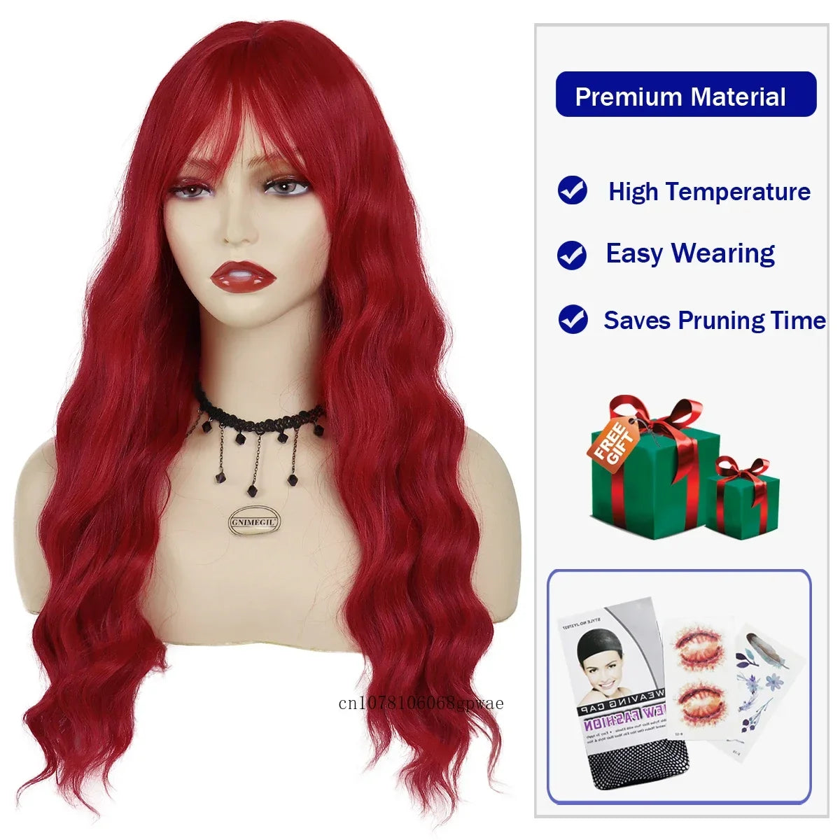 Red Hair Synthetic Long Curly Wig with Bangs Water Wave Wigs for Women Ladies Cosplay Halloween Costume Lolita Party Dress Up