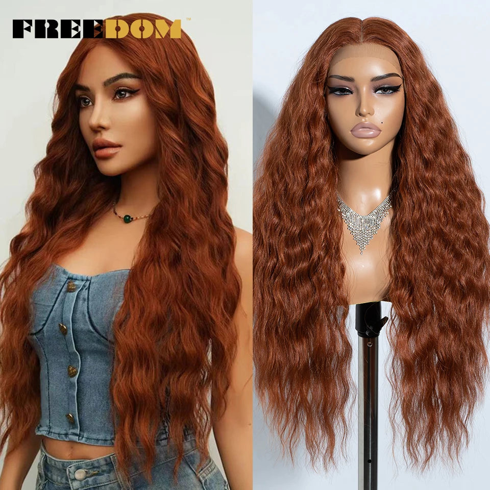 FREEDOM Synthetic Lace Front Wig Long Deep Wavy Ombre Blonde Ginger Lace Wigs For Black Women Heat Resistant Cosplay Wigs