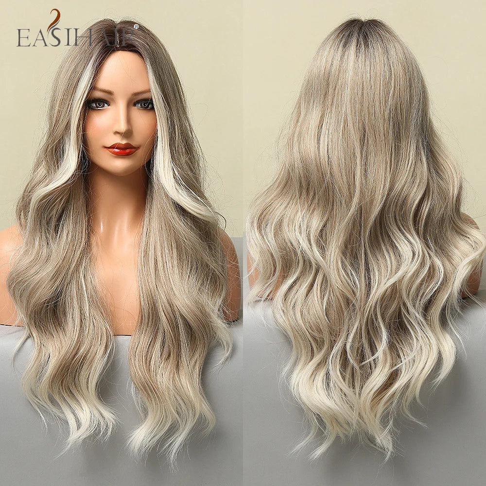 EASIHAIR Ombre Brown Light Blonde Platinum Long Wavy Middle Part Hair Wig Cosplay Natural Heat Resistant Synthetic Wig for Women
