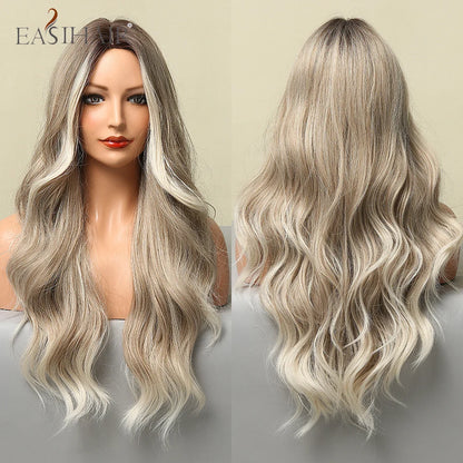 EASIHAIR Ombre Brown Light Blonde Platinum Long Wavy Middle Part Hair Wig Cosplay Natural Heat Resistant Synthetic Wig for Women