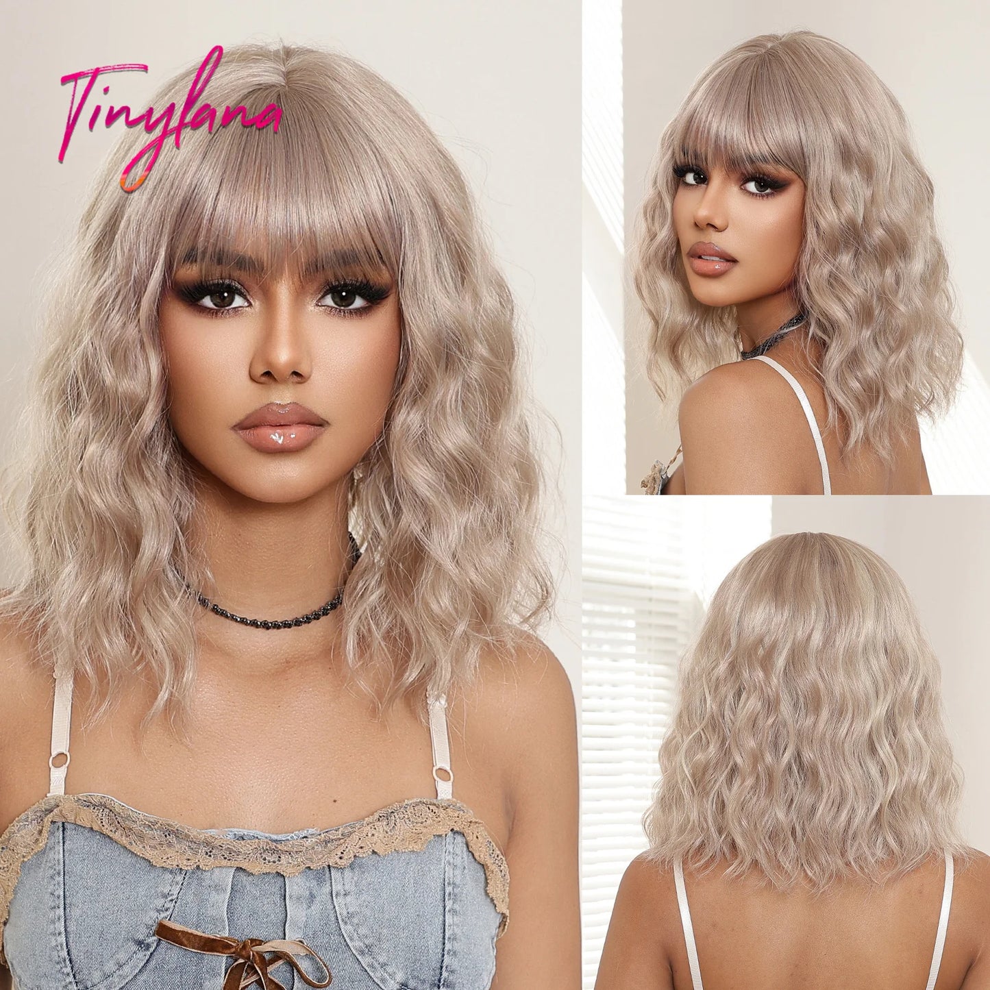 Short Bob Gray Purple Synthetic Wigs with Bangs Curly Cosplay Purple Ombre Wig for Women Afro Natural Wave Hair Heat Resistant