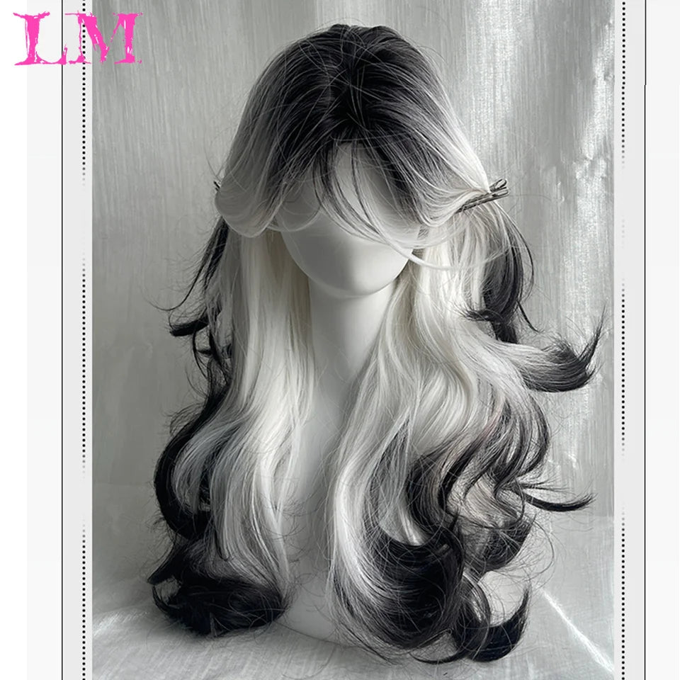 LM Synthetic Long Straight Lolita Wig with Bangs Wig Girl Cute Ombre Pink Blonde Black Cosplay Party Halloween Harajuku Wig