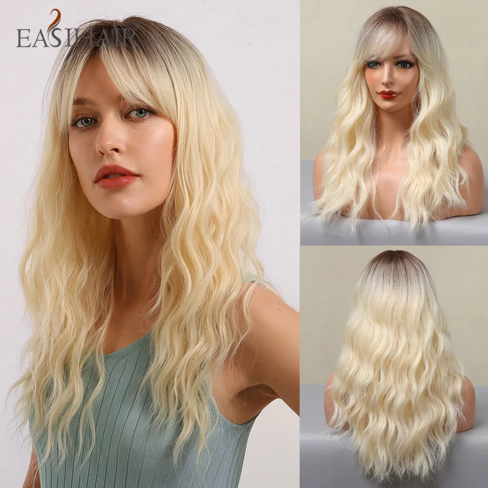 EASIHAIR Ombre Brown Light Blonde Platinum Long Wavy Middle Part Hair Wig Cosplay Natural Heat Resistant Synthetic Wig for Women