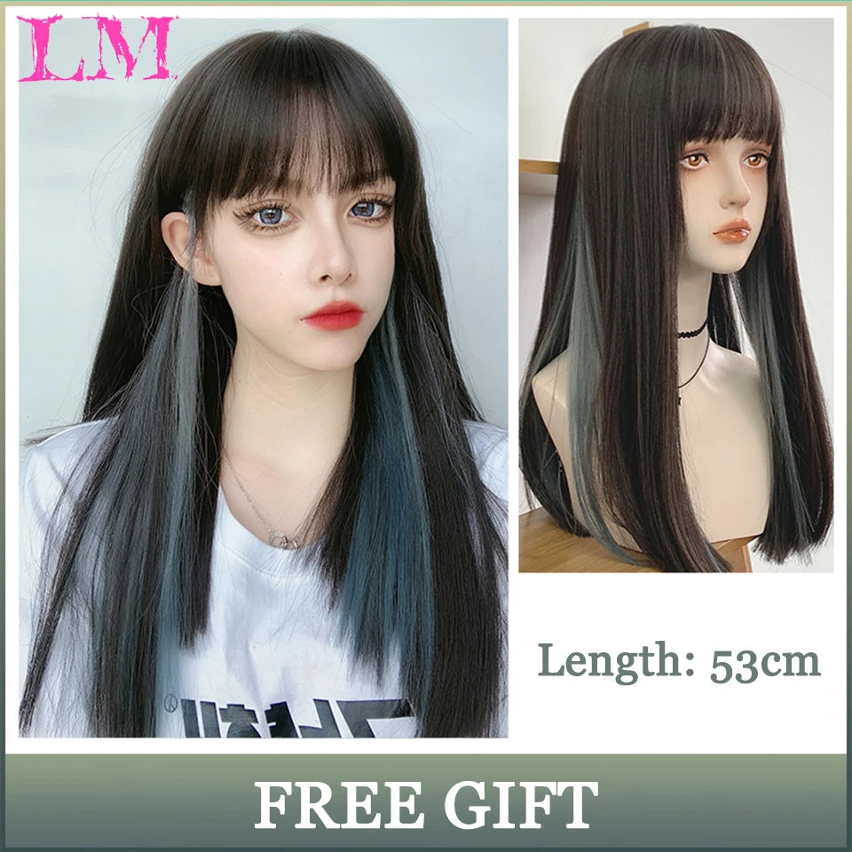 LM Synthetic Long Straight Lolita Wig with Bangs Wig Girl Cute Ombre Pink Blonde Black Cosplay Party Halloween Harajuku Wig