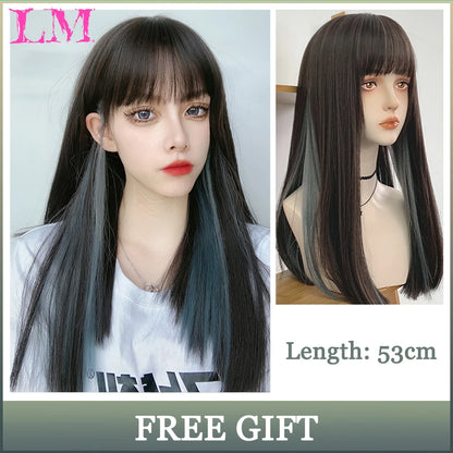 LM Synthetic Long Straight Lolita Wig with Bangs Wig Girl Cute Ombre Pink Blonde Black Cosplay Party Halloween Harajuku Wig