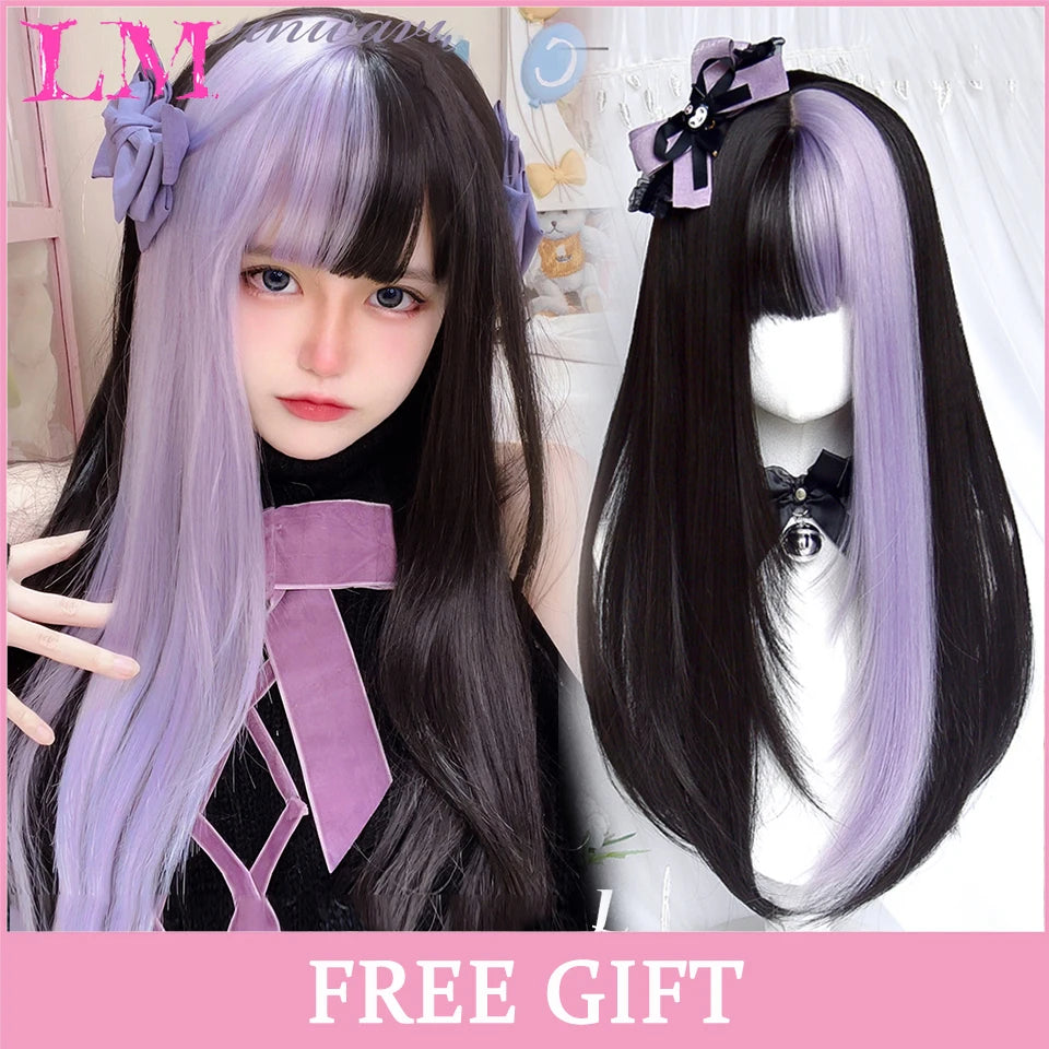 LM Synthetic Long Straight Lolita Wig with Bangs Wig Girl Cute Ombre Pink Blonde Black Cosplay Party Halloween Harajuku Wig