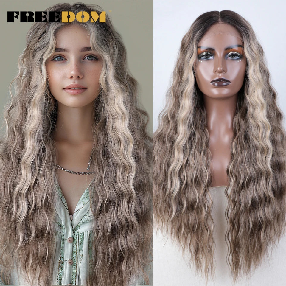 FREEDOM Synthetic Lace Front Wig Long Deep Wavy Ombre Blonde Ginger Lace Wigs For Black Women Heat Resistant Cosplay Wigs
