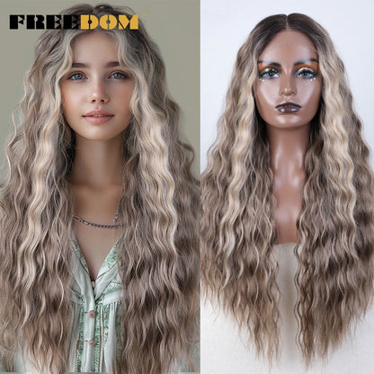 FREEDOM Synthetic Lace Front Wig Long Deep Wavy Ombre Blonde Ginger Lace Wigs For Black Women Heat Resistant Cosplay Wigs