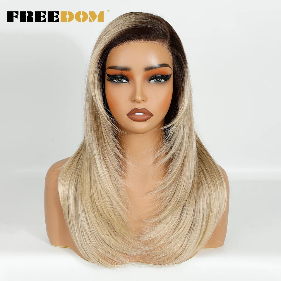 FREEDOM Synthetic Lace Wigs For Women Straight Layered Lace Wig 18 Inch Side Part Pre Plucked Ombre Brown Blonde Cosplay Wigs