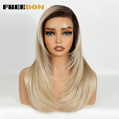 FREEDOM Synthetic Lace Wigs For Women Straight Layered Lace Wig 18 Inch Side Part Pre Plucked Ombre Brown Blonde Cosplay Wigs
