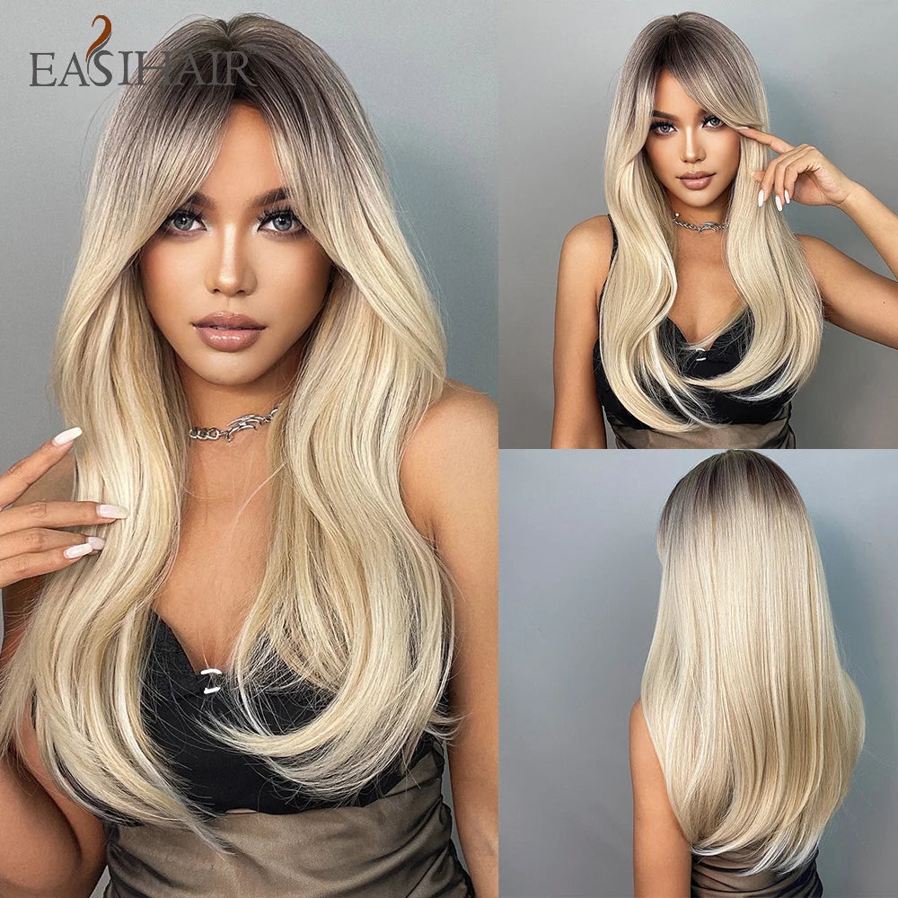 EASIHAIR Ombre Brown Light Blonde Platinum Long Wavy Middle Part Hair Wig Cosplay Natural Heat Resistant Synthetic Wig for Women