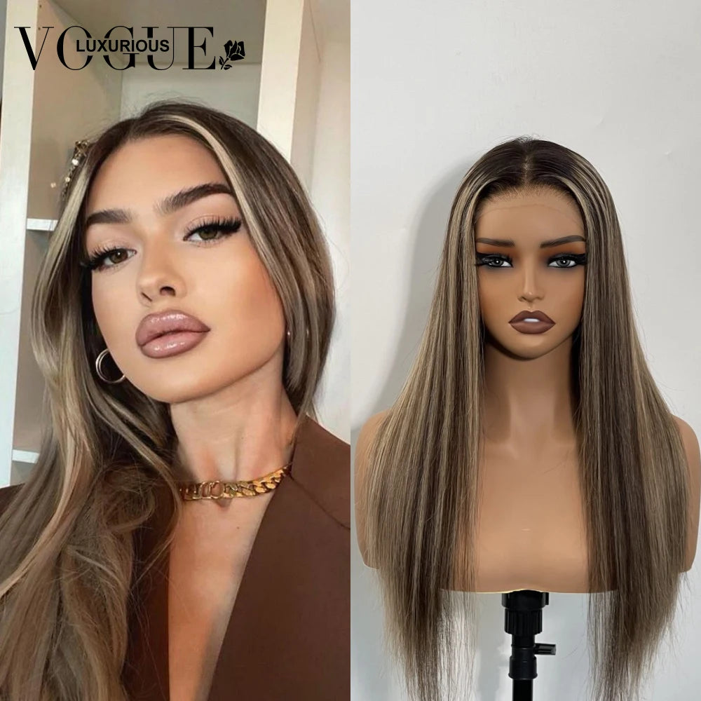 Highlight Brown Blonde 100% Human Hair Wig  for Women Synthetic Dark Brown Highlight Wig  Natural Straight for Daily Party Use