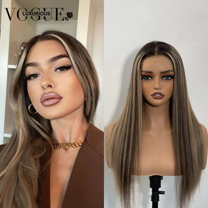 Highlight Brown Blonde 100% Human Hair Wig  for Women Synthetic Dark Brown Highlight Wig  Natural Straight for Daily Party Use