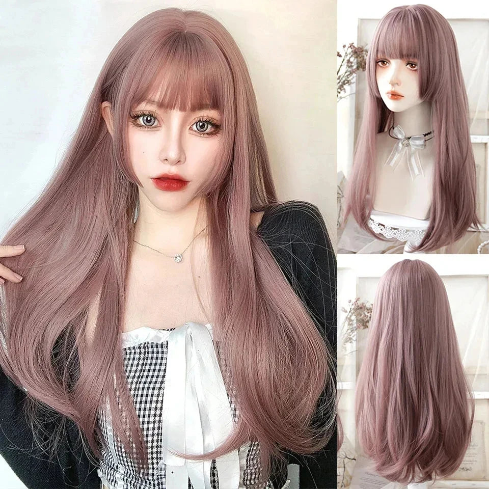 Long Wavy Wave Ombre Black Brown Purple Cosplay Wigs Heat Resistant Synthetic Wigs Middle Part Natural Lolita Wigs For Women