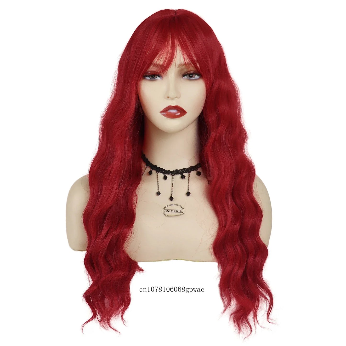 Red Hair Synthetic Long Curly Wig with Bangs Water Wave Wigs for Women Ladies Cosplay Halloween Costume Lolita Party Dress Up