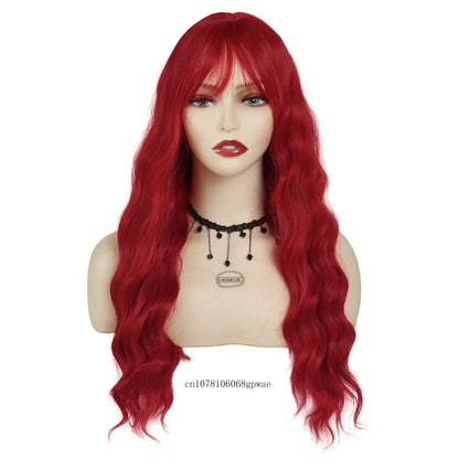 Red Hair Synthetic Long Curly Wig with Bangs Water Wave Wigs for Women Ladies Cosplay Halloween Costume Lolita Party Dress Up