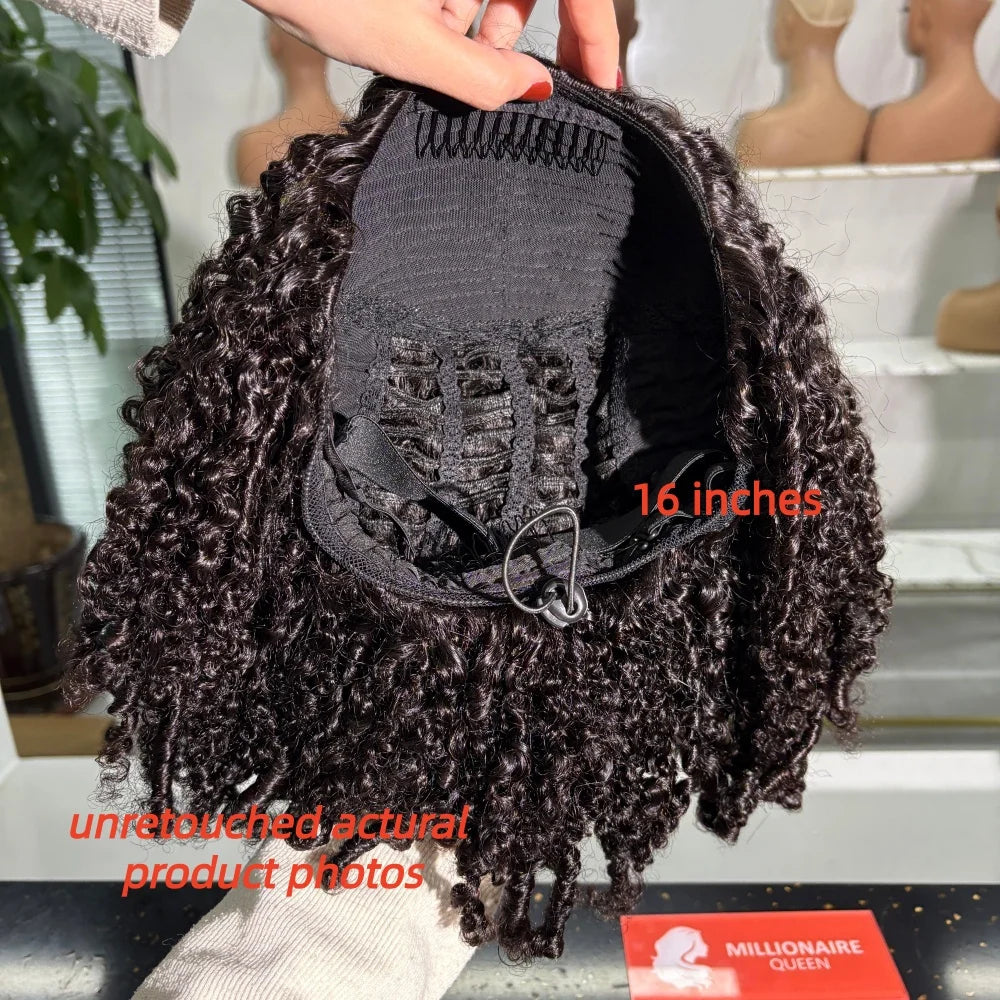 Human Hair Half Wig Kinky Curly Burmese Pixi Curly Half Wig For Women Ready To Wear 3 In 1 Flip Over Natural Black Glueless Wigs