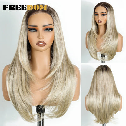 Synthetic Lace Front Wigs For Black Woman Layered Straight Wear and Go Glueless Wigs Ombre Brown T Part & 6x4 Pre Plucked Wig