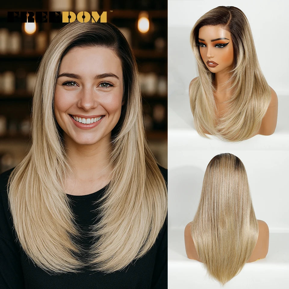 FREEDOM Synthetic Lace Wigs For Women Straight Layered Lace Wig 18 Inch Side Part Pre Plucked Ombre Brown Blonde Cosplay Wigs