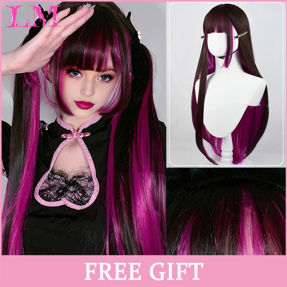 LM Synthetic Long Straight Lolita Wig with Bangs Wig Girl Cute Ombre Pink Blonde Black Cosplay Party Halloween Harajuku Wig