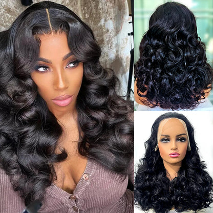 100% Human Hair Natural Black 250 Density Bouncy Curly Loose Body Wave Super Double Drawn Raw Indian Hair 13x4 Lace Frontal Wigs