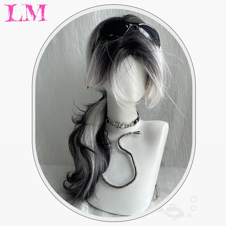 LM Synthetic Long Straight Lolita Wig with Bangs Wig Girl Cute Ombre Pink Blonde Black Cosplay Party Halloween Harajuku Wig