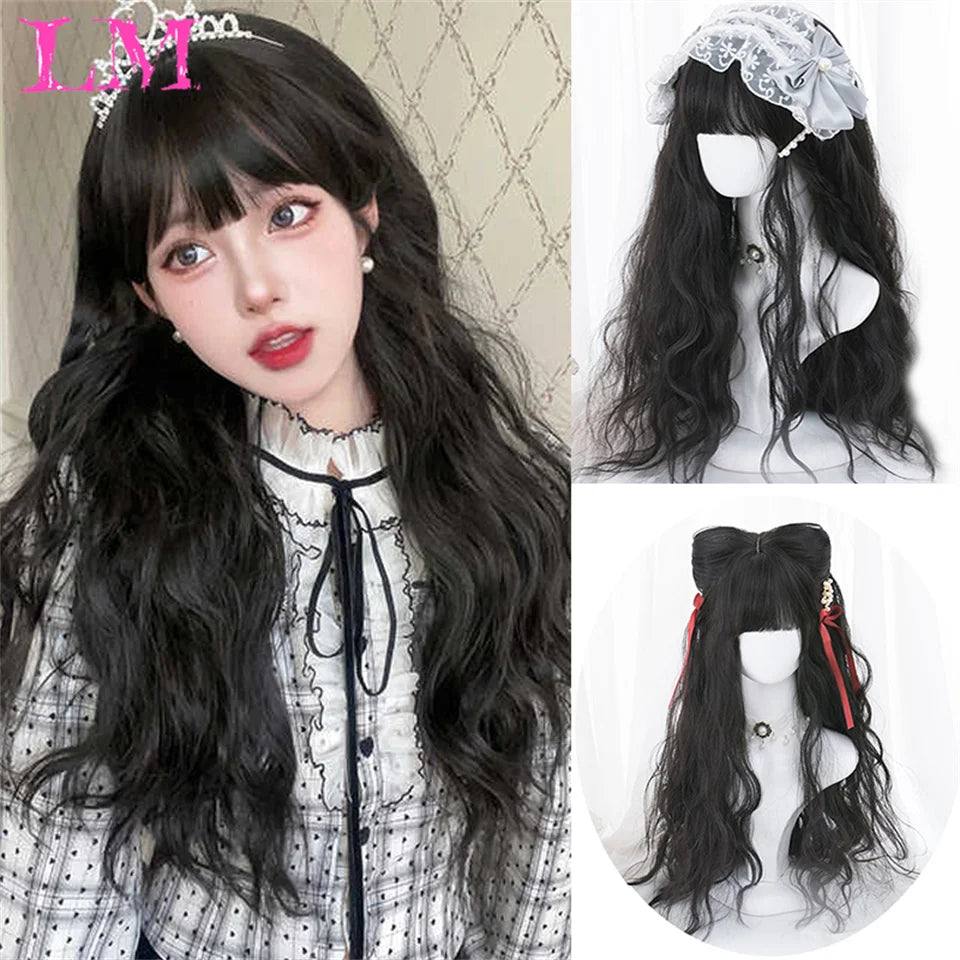 LM Synthetic Long Straight Lolita Wig with Bangs Wig Girl Cute Ombre Pink Blonde Black Cosplay Party Halloween Harajuku Wig