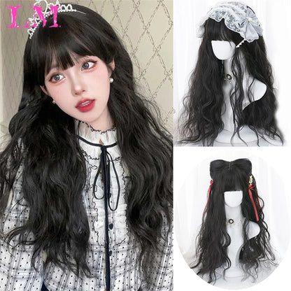 LM Synthetic Long Straight Lolita Wig with Bangs Wig Girl Cute Ombre Pink Blonde Black Cosplay Party Halloween Harajuku Wig