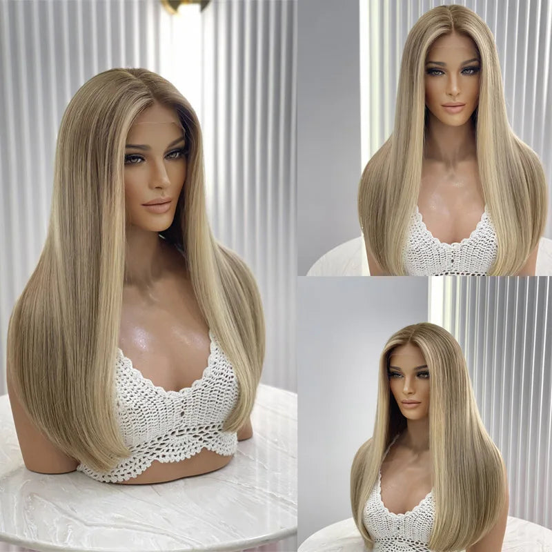 Cosplay Synthetic mixed Human Lace Front Wig Straight Brown Blonde Lace Real Natural Women"S Wig High Quality Wigs for Ladies