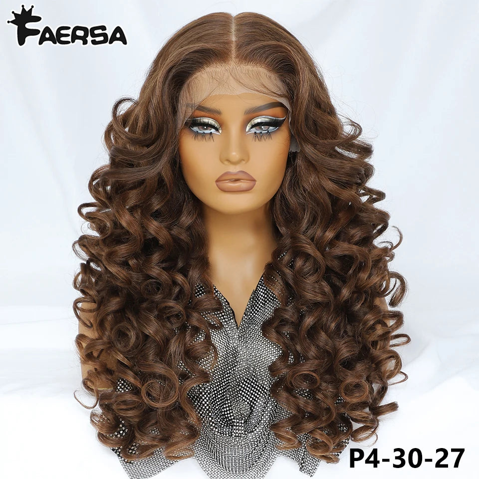 Latisha 13X6 HD Synthetic Lace Front Wigs Curly Pre Plucked Lace Frontal Wig with Bangs for Women Highlight with Babyhair 24Inch