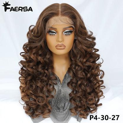 Latisha 13X6 HD Synthetic Lace Front Wigs Curly Pre Plucked Lace Frontal Wig with Bangs for Women Highlight with Babyhair 24Inch