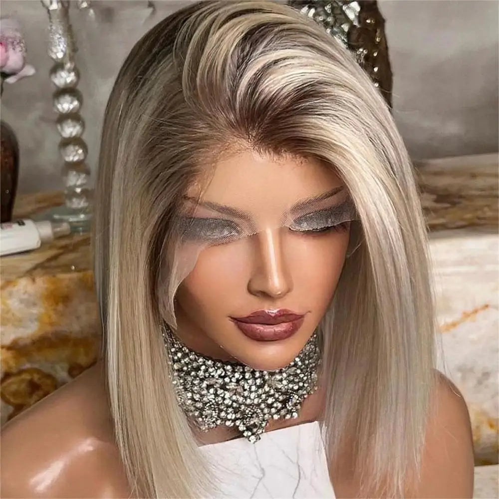 100% Human Hair Wigs HD Transparent Lace Wig Straight Short Bob Wig Ash Blonde Color 13x4 Lace Frontal Wig 180 Density HD Wigs