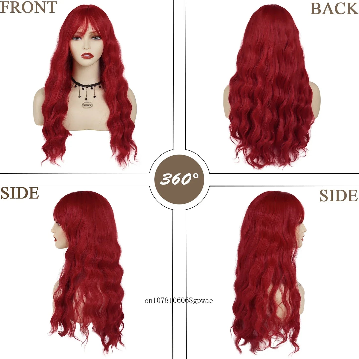 Red Hair Synthetic Long Curly Wig with Bangs Water Wave Wigs for Women Ladies Cosplay Halloween Costume Lolita Party Dress Up