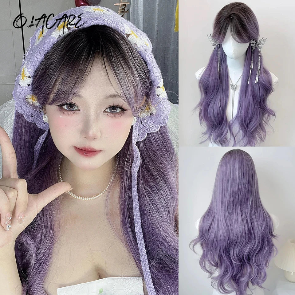 Long Wavy Wave Ombre Black Brown Purple Cosplay Wigs Heat Resistant Synthetic Wigs Middle Part Natural Lolita Wigs For Women