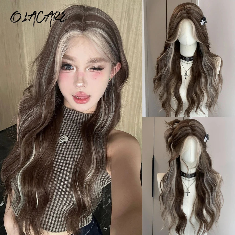 Long Wavy Wave Ombre Black Brown Purple Cosplay Wigs Heat Resistant Synthetic Wigs Middle Part Natural Lolita Wigs For Women
