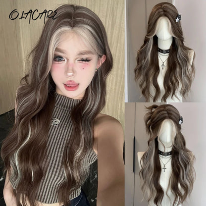 Long Wavy Wave Ombre Black Brown Purple Cosplay Wigs Heat Resistant Synthetic Wigs Middle Part Natural Lolita Wigs For Women