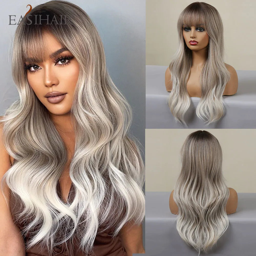 EASIHAIR Ombre Brown Light Blonde Platinum Long Wavy Middle Part Hair Wig Cosplay Natural Heat Resistant Synthetic Wig for Women