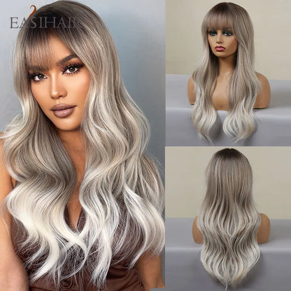 EASIHAIR Ombre Brown Light Blonde Platinum Long Wavy Middle Part Hair Wig Cosplay Natural Heat Resistant Synthetic Wig for Women